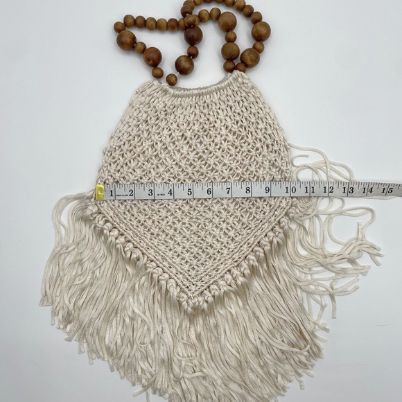 Boho Macrame Fringe Bag Wood Bead Handle Cream White Textured Woven Festival bag - Picture 6 of 6